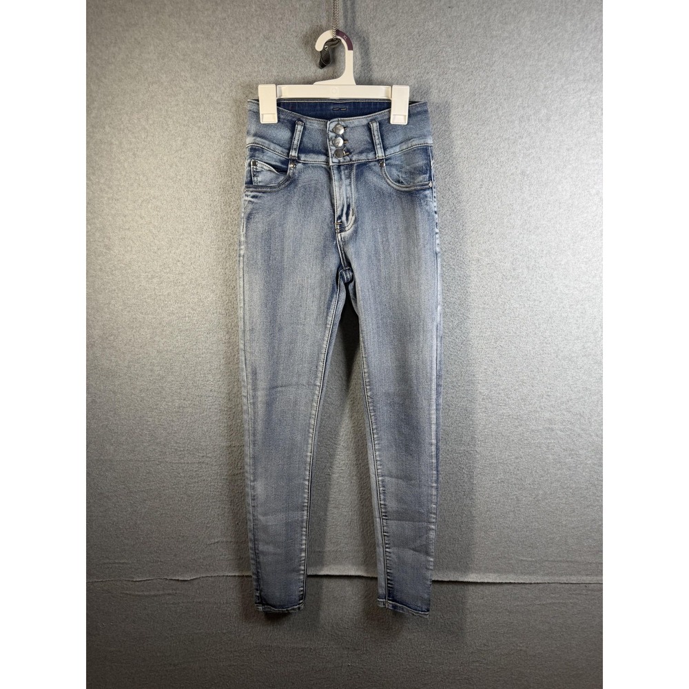 T&Y Fashion Jeans Juniors 3/4 Blue Light Wash High Rise Skinny Pleated Denim